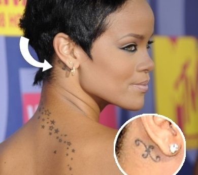 Rihanna's Neck Pisces Sign Tattoo Behind Her Ear- PopStarTats