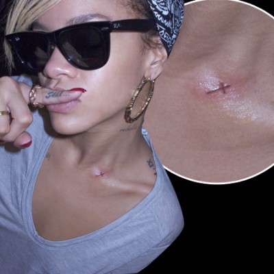 Rihanna’s Cross Tattoo Inked in Red on Her Shoulder