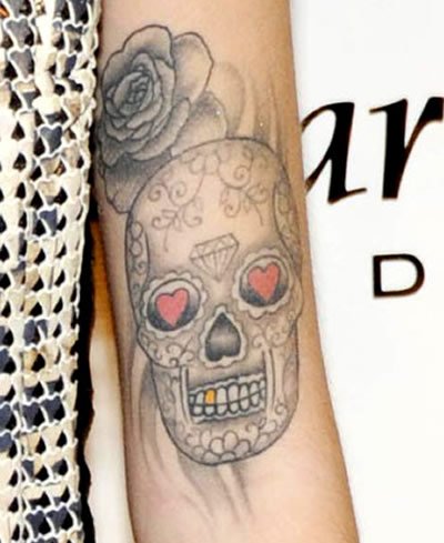 Cher Lloyd’s Mexican Sugar Skull and Rose Arm Tattoos