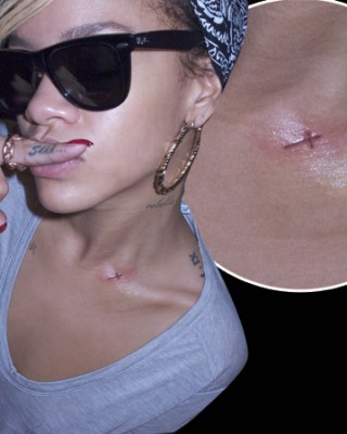 Rihanna’s Cross Tattoo Inked in Red on Her Shoulder
