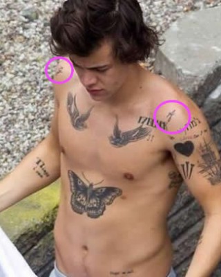 Harry Styles’ “A” & “g” Tattoos on his Shoulders
